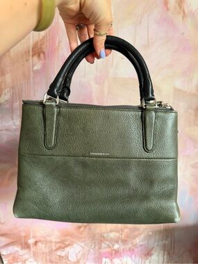 Coach Olive Green Leather Satchel with Black Handles